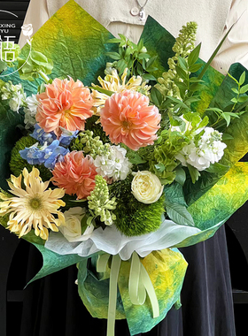 黄恋绿鲜花包装纸手工石纹纸褶皱肌理艺术纸花束包花纸花艺包装