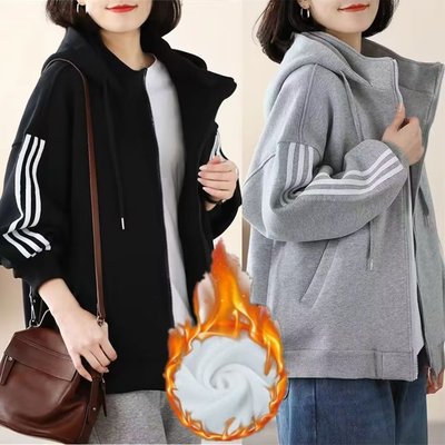 2022秋冬款连帽卫衣加绒加厚韩版休闲拉链开衫外套百搭保暖上衣女