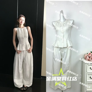 HEYGIRL黑哥 妮味outfit 荷叶边无袖衬衫背心马甲上衣阔腿裤套装