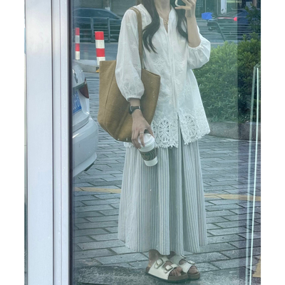 松紧腰半身裙韩系慵懒风棉质竖条纹抽绳春夏米灰蓝条纹