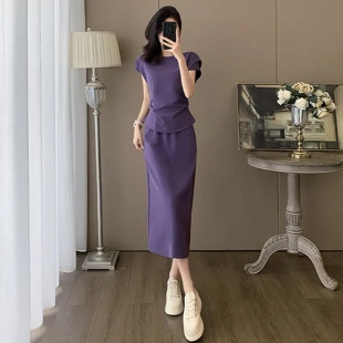 女夏季 时尚 韩版 新款 上衣半身长裙两件套潮 洋气套装 裙紫色圆领短袖