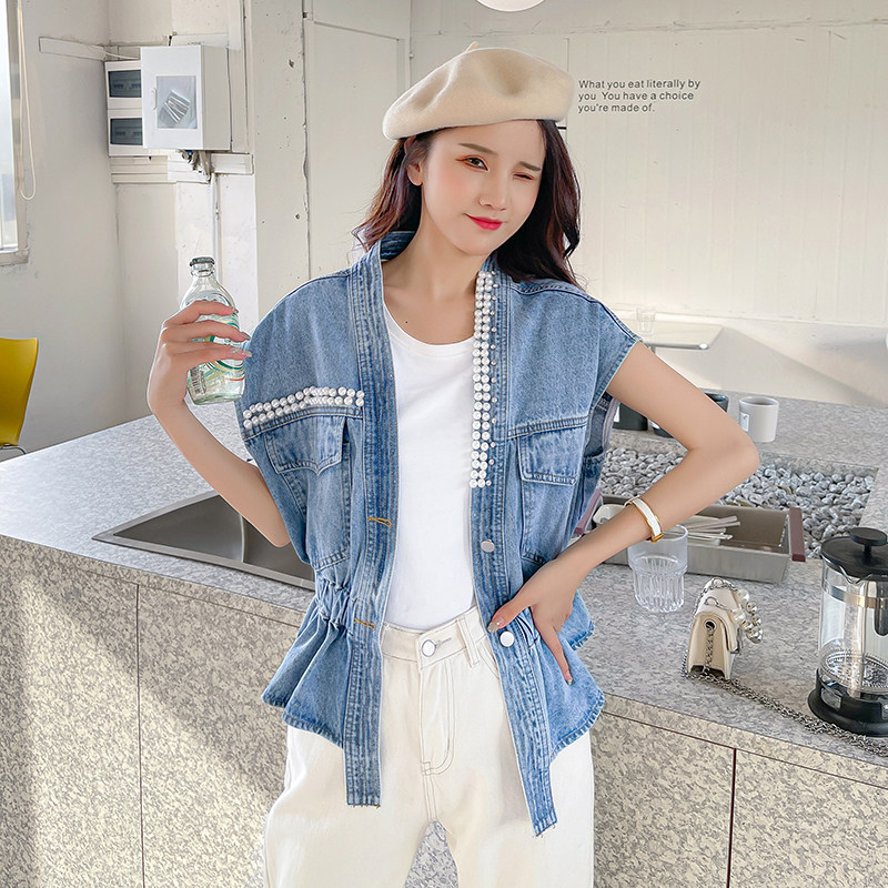 实拍夏季新款韩版钉珠显瘦宽松百搭无袖软马甲上衣马夹纯色其他
