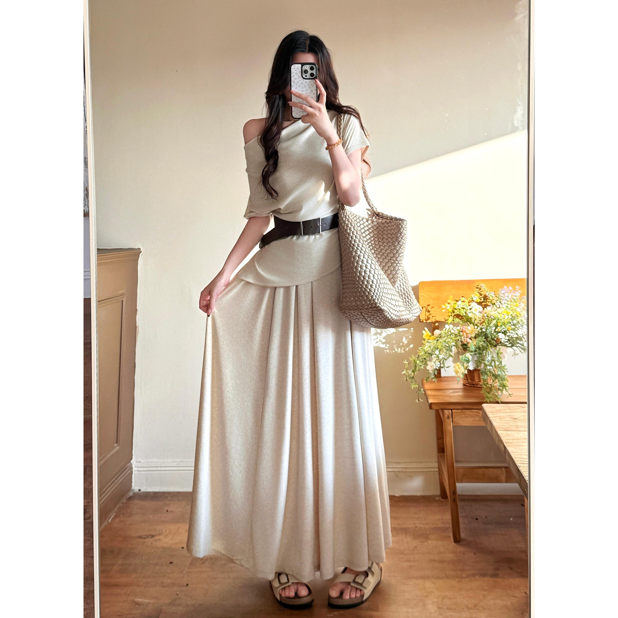 大码 春夏季时髦新款韩版宽松显瘦百搭短袖上衣高腰半身裙套装女