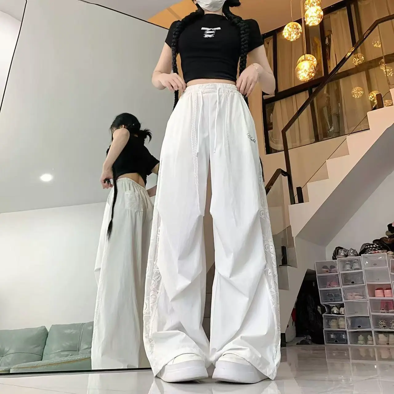 嘻哈潮流蕾丝侧边拼接阔腿裤女镂空纯欲拼接褶皱嘻哈甜辣妹弯刀裤
