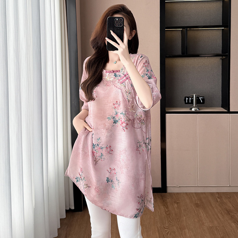 棉麻印花宽松显瘦中长款大码女装胖MM胖妹妹妈妈装五分袖连衣裙子