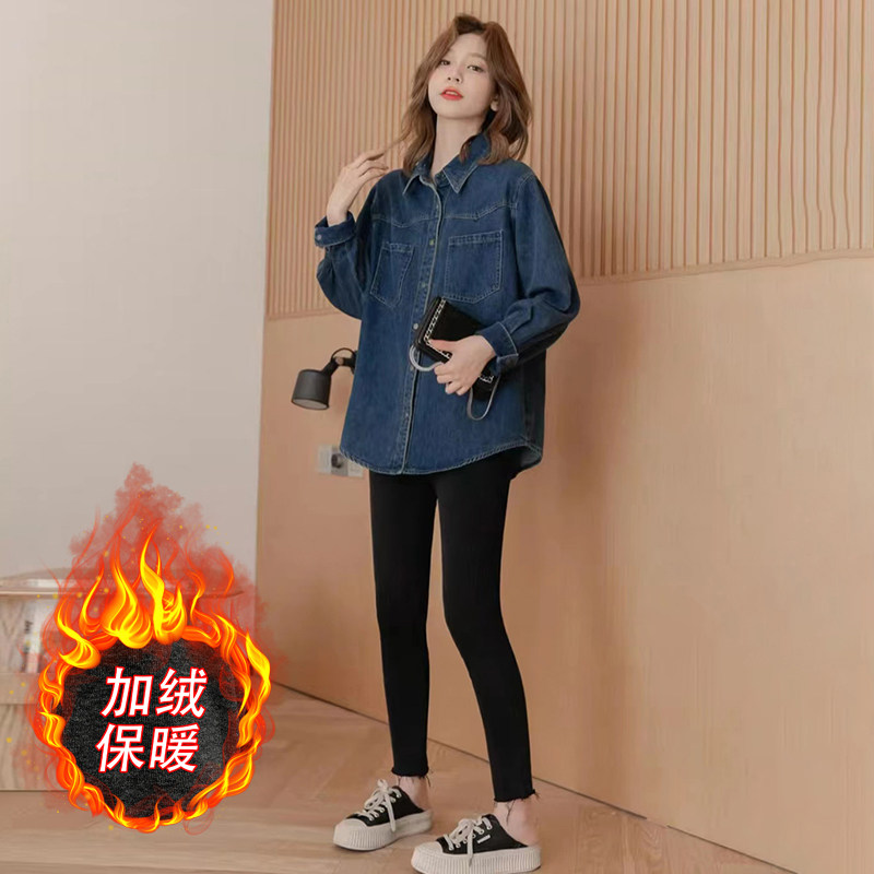 加绒复古牛仔衬衫女冬季新款小个子内搭衬衣百搭设计感加厚上衣