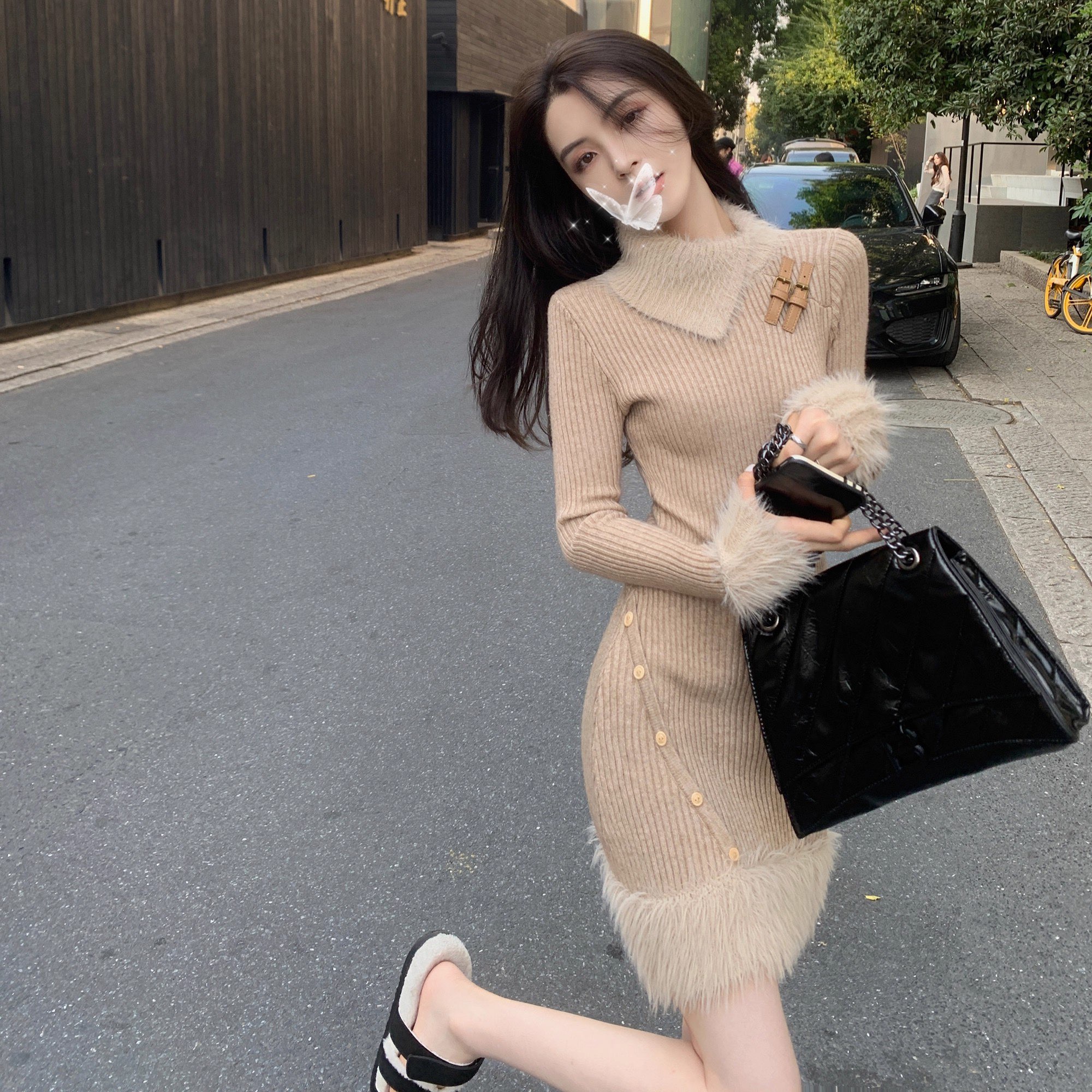 韩国气质名媛港式小香风拼接毛领连衣裙小个子短裙针织裙长袖秋冬
