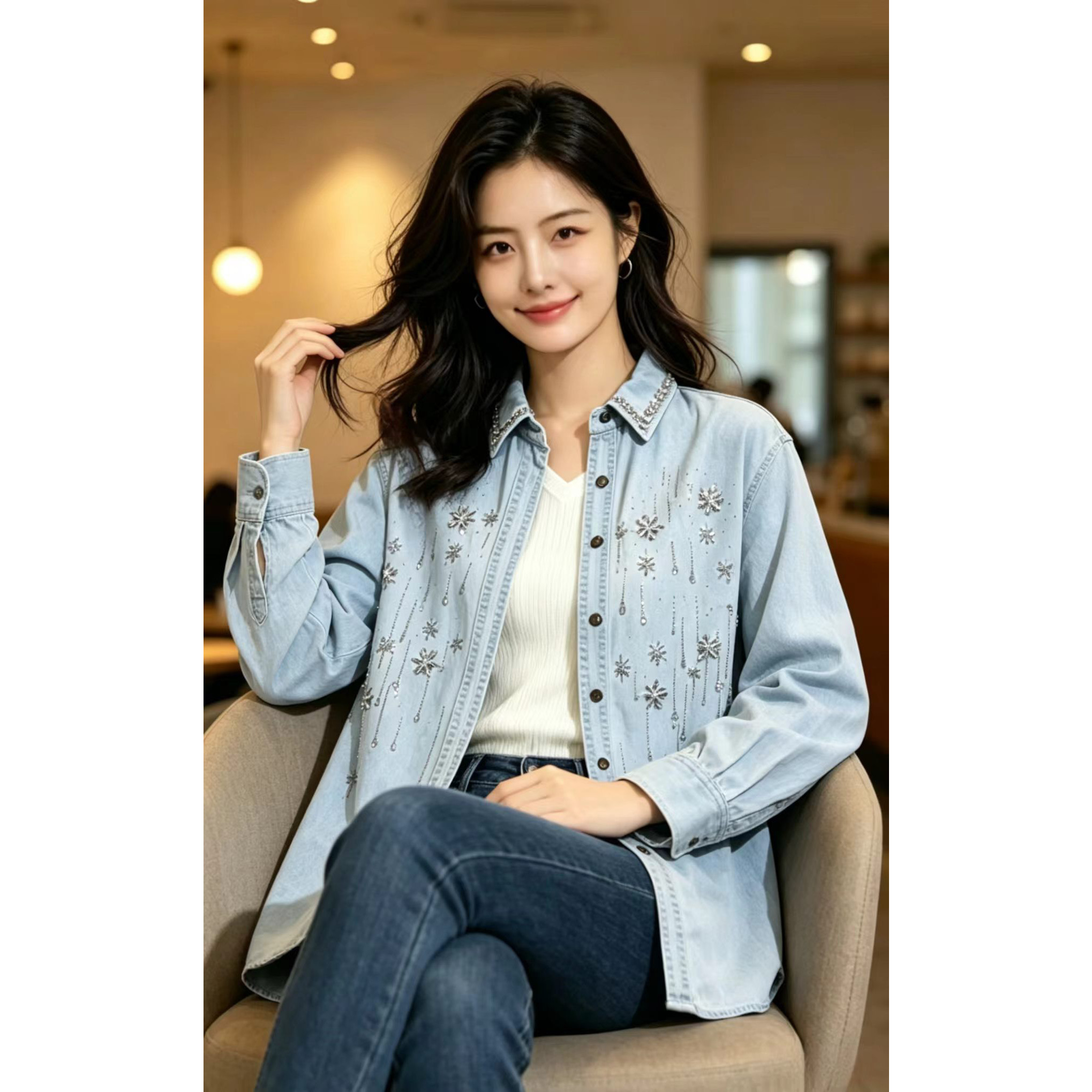 韩国东大门牛仔衬衣外套女重工时尚防晒服百搭POLO领骑行衣防晒