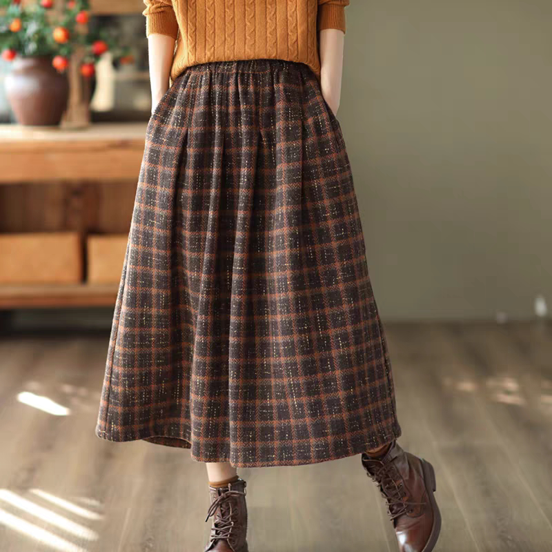 复古加厚毛呢半身裙女格纹A字裙显瘦呢子格子女裙通勤其他裙半身