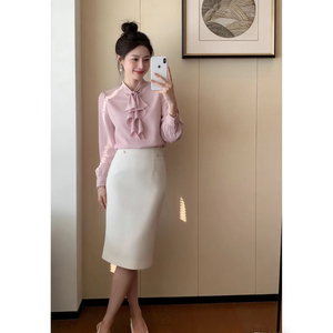 知性优雅风上班族本命提花肌理巨显温柔的飘带上衣时尚防晒服圆领