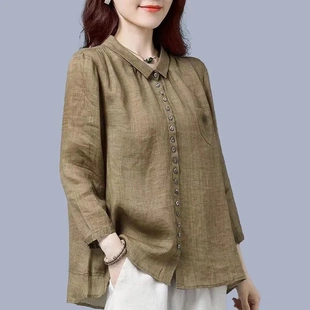 棉麻襯衣女2023春秋季 寬松顯瘦洋氣女裝 寬松百搭上衣襯衫 新款