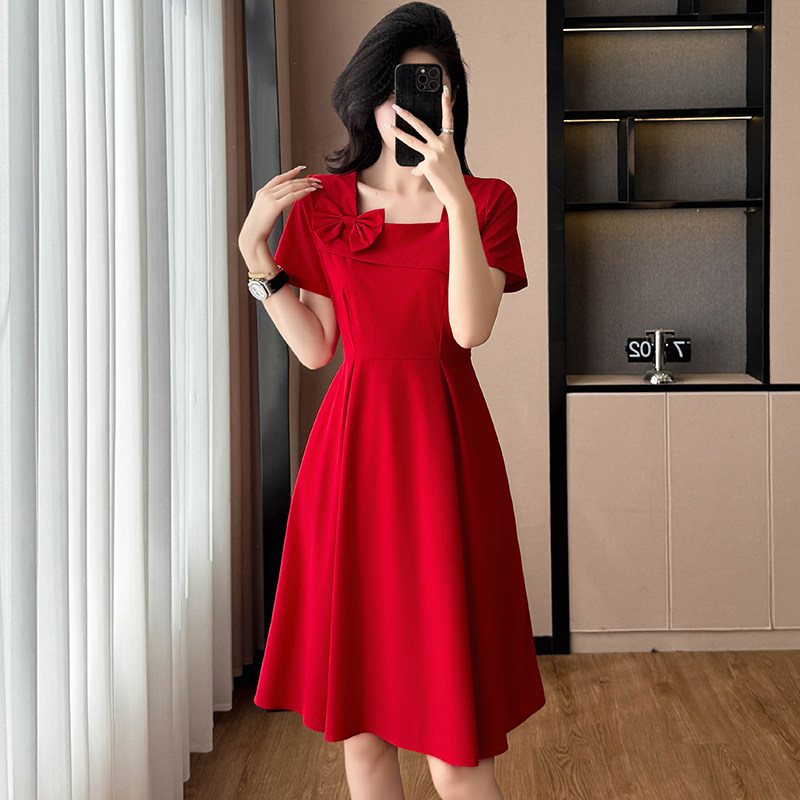 红色喜庆修身显瘦中长款大码女装胖mm胖妹妹短袖连衣裙子夏季新款