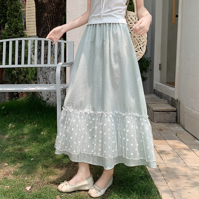 实拍~蕾丝波点拼接格子半身裙女2026夏高腰A字裙显瘦休闲百搭长裙