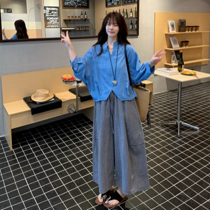 夏装新款韩版宽松显瘦百搭格子阔腿裤直筒九分裤休闲裤牛仔裤高腰