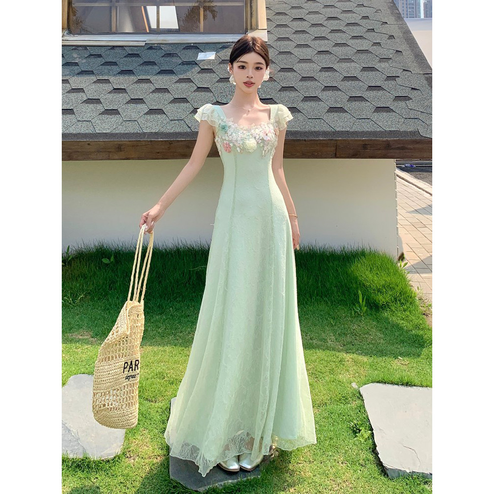 2026夏季新款法式大码短袖蕾丝花朵连衣裙女气质公主裙方领甜美