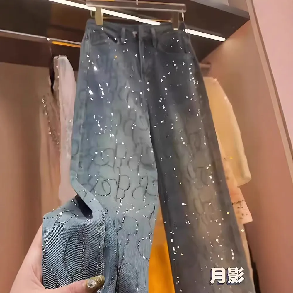 2025年春季新款重工高级感百搭高腰显瘦直筒裤蓝色双色烫钻牛仔裤
