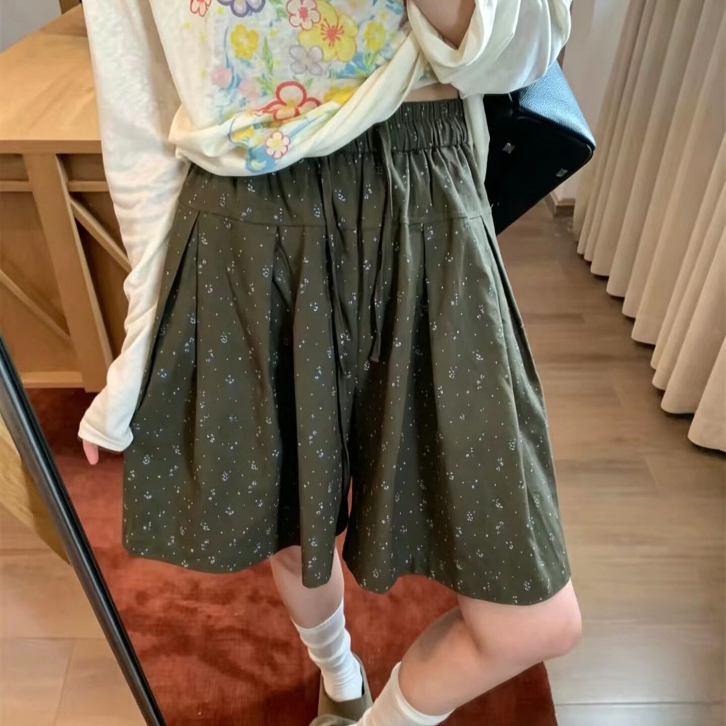 韩国东大门26夏季新款韩系复古碎花麻料休闲短裤女宽松显瘦阔腿裤