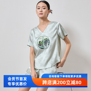 套装 耀婷纯棉提花睡衣夏女简约晨袍短裤 V领宽松冰丝家居服