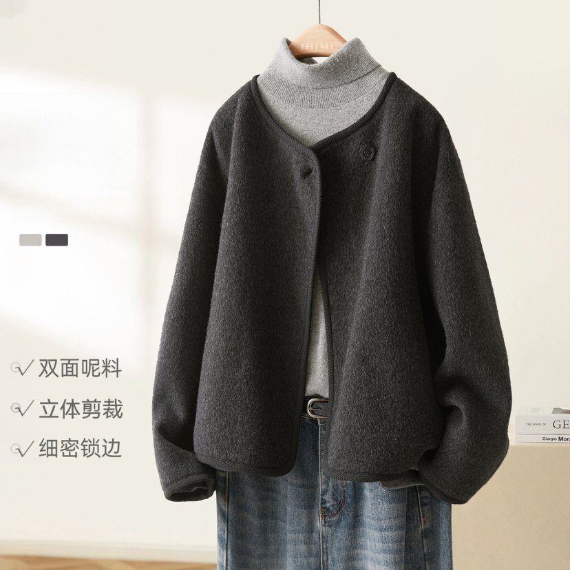 简约纯色大衣2026秋冬季新款斜毛呢外套圆领通勤女衣服汕德卡雾灯