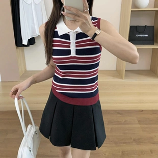 POLO衫 甜酷美式 上衣女夏百搭港风气质短袖 红色条纹无袖 T恤 针织衫