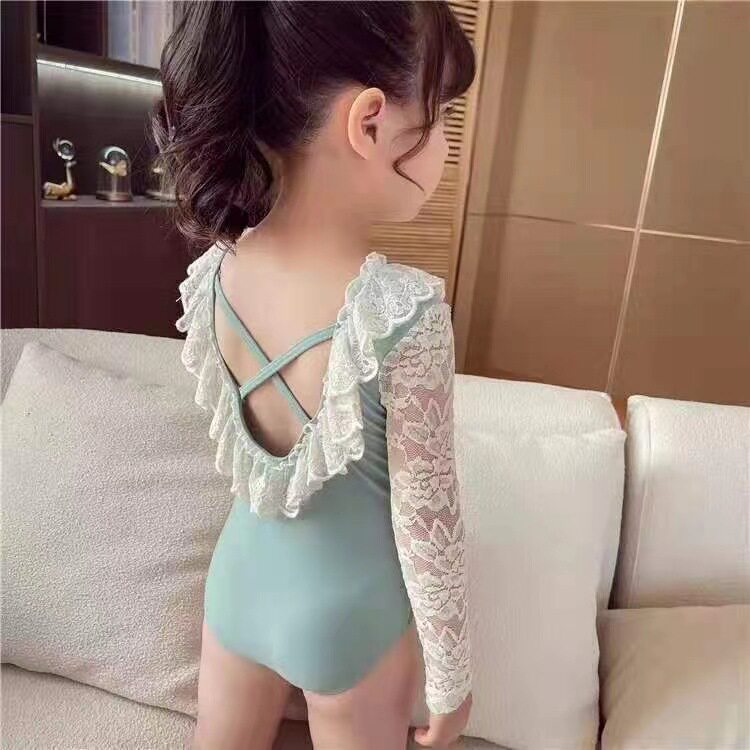 热销新款女童游泳衣 儿童连体长袖泳衣韩版蕾丝花边可爱宝宝泳装