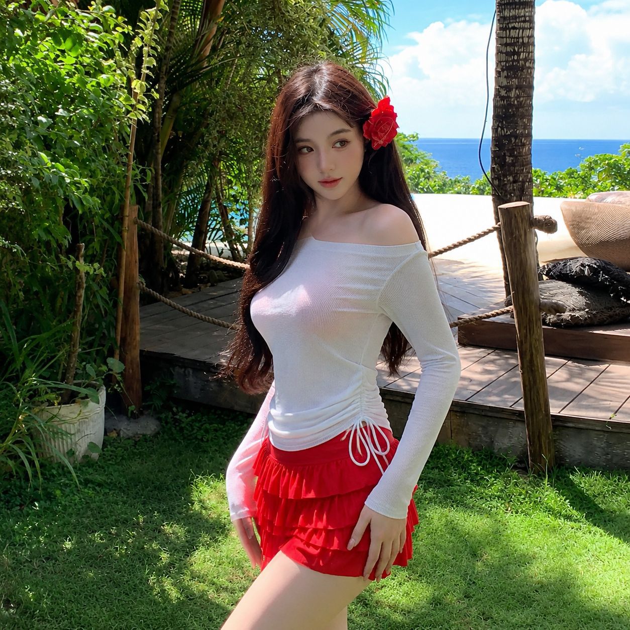纯欲少女波点罩衫比基尼长袖分体可爱性感蛋糕裙式四件套游泳衣女