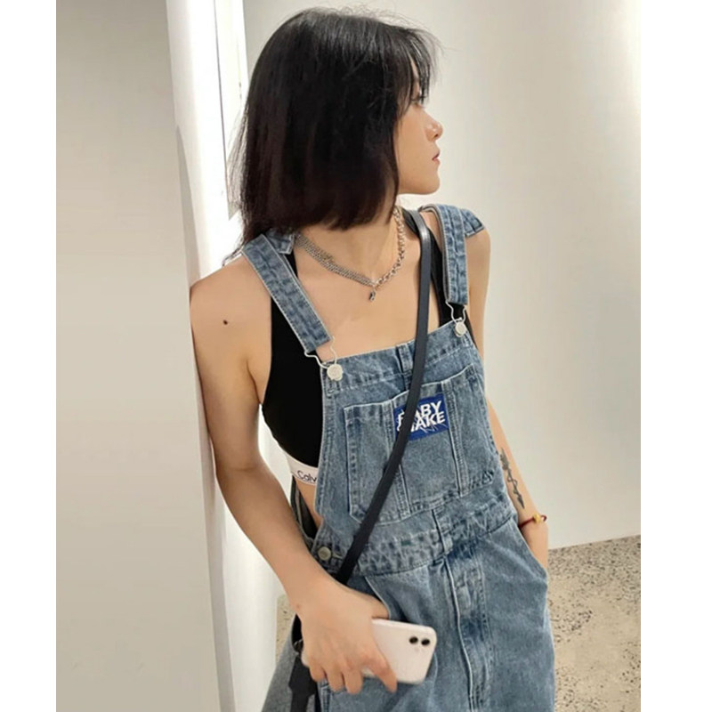 AMERICAN RETRO DENIM BIB WOMENS SUMMER HIGH-WAISTED SLIM DESIGN SENSE NICHE AGE-REDUCING LOOSE WIDE-LEGGED LONG PANTS