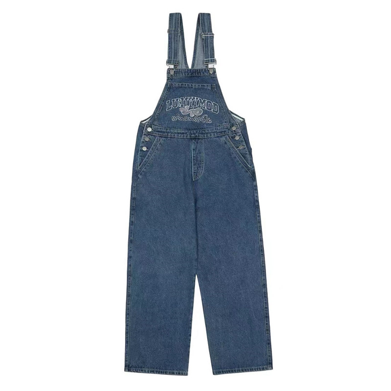 HEAVY INDUSTRY EMBROIDERED DENIM BIB WOMENS SUMMER THIN HIGH-WAISTED LOOSE SLIM AMERICAN RETRO WIDE-LEG MOPPING TROUSERS