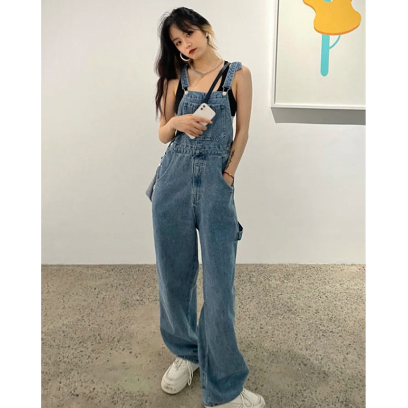 AMERICAN RETRO DENIM BIB WOMENS SUMMER HIGH-WAISTED SLIM DESIGN SENSE NICHE AGE-REDUCING LOOSE WIDE-LEGGED LONG PANTS