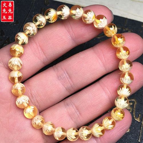 原矿琥珀阴雕莲花手链 黄色雕琥珀莲花手串