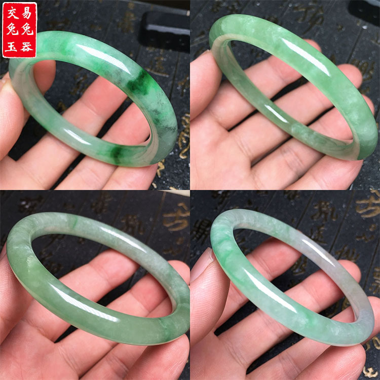 缅甸冰飘花翡翠圆条玉手镯 飘蓝花翡翠玉手环 玉镯