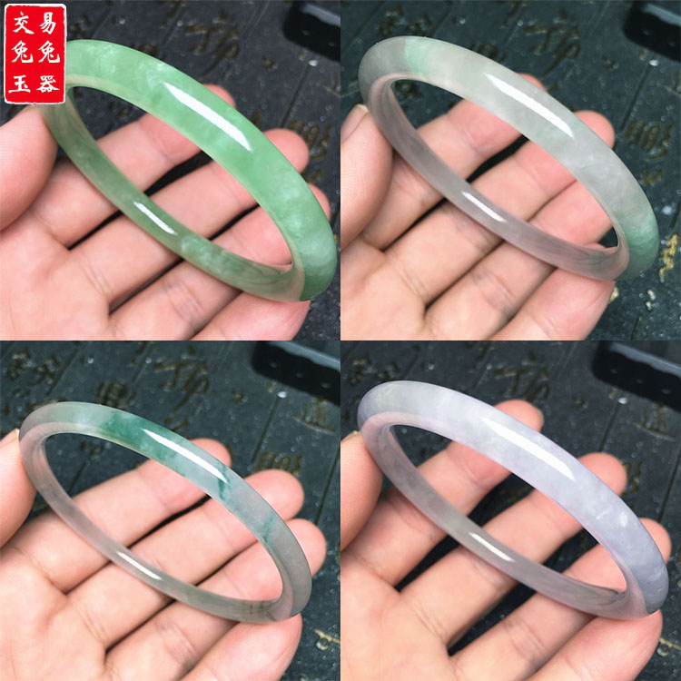 缅甸冰绿翡翠圆条玉手镯 淡紫色圆条手镯 冰飘蓝花手叮当镯