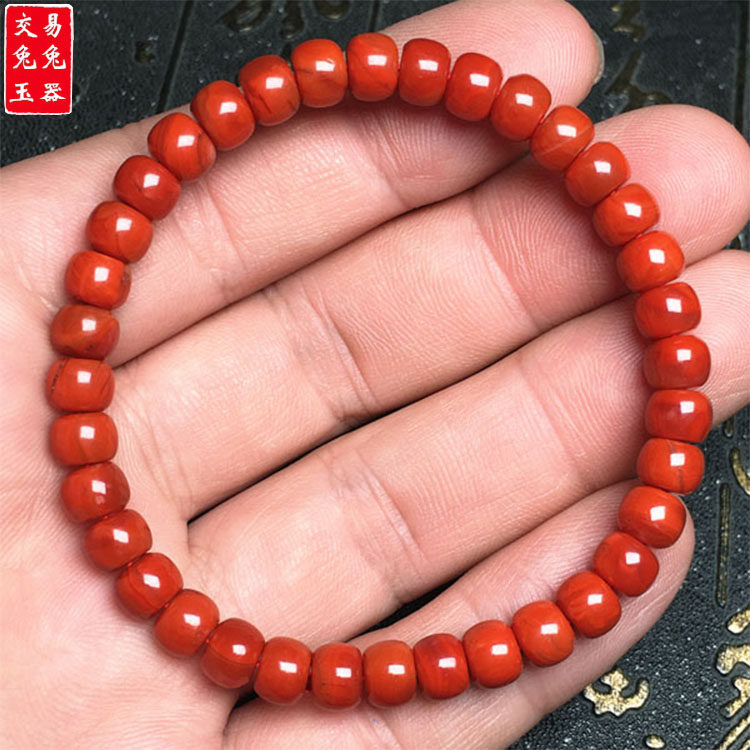 深红火焰纹南红手链 红色南红算盘珠手串  圈围17厘米左右