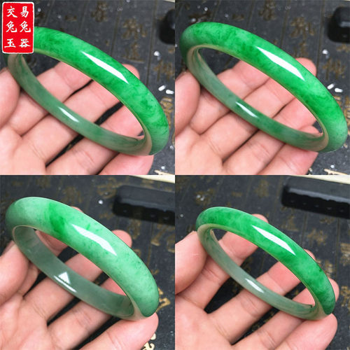 缅甸阳绿飘花翡翠玉手镯 圆条辣色飘绿圆形手环 阳绿飘色圆形玉镯