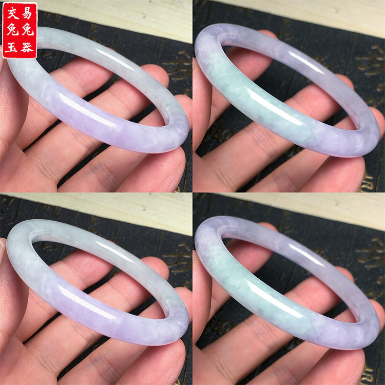 缅甸冰紫飘淡翡翠圆条玉镯 淡紫色浅绿色圆形手镯手环