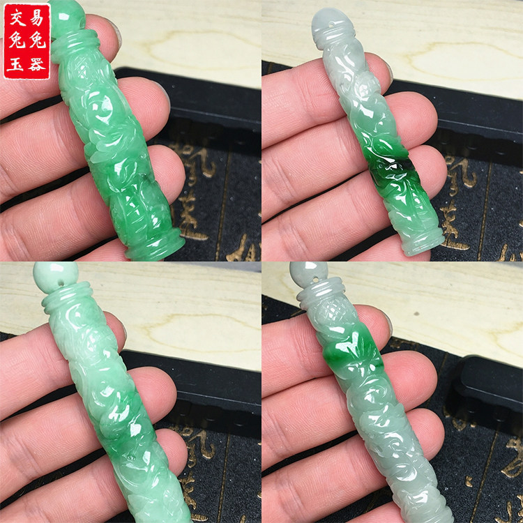缅甸冰阳绿翡翠龙柱吊坠 辣绿翡翠圆形龙柱玉坠 满绿翡翠立体吊坠