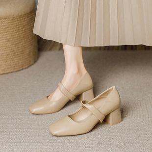 法式 2024春秋不累浅口 裸色一字带粗跟方头高跟鞋 女中跟玛丽珍单鞋