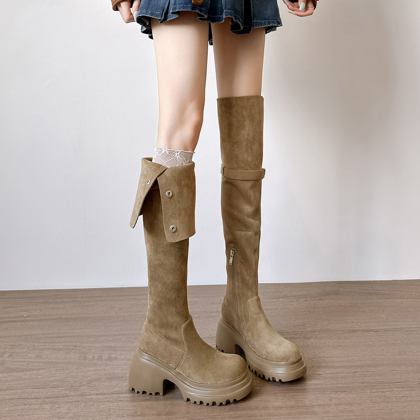复古卡其色厚底粗跟过膝长靴女