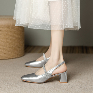 女2024夏新款 银色包头粗跟中跟一字带5厘米凉鞋 舒适不累脚配裙子