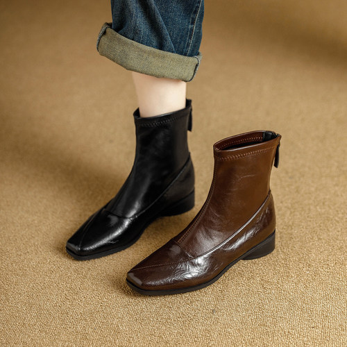 2-3cm粗跟方头棕色短靴女软皮靴