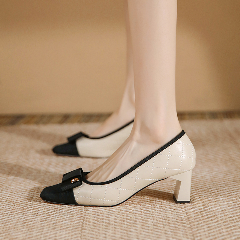 米白色高跟鞋女粗跟2023年新款