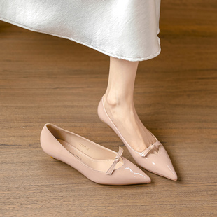 羊皮~法式裸粉色蝴蝶结尖头细跟小跟3cm高跟鞋女春秋单鞋不累脚