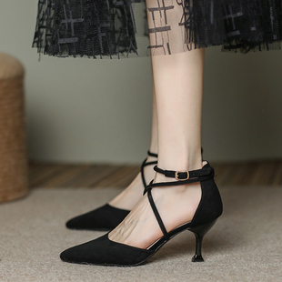 一字带配裙子单鞋 时装 7公分夏新款 女细跟尖头高跟包头5 绑带凉鞋