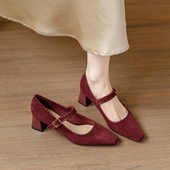 女春秋不累脚韩版 羊皮版 酒红色方头粗跟一字带5cm玛丽珍高跟单鞋