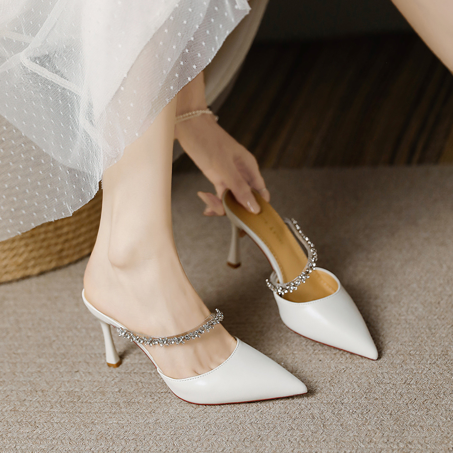 羊皮版~法式米白色水钻包头一字带高跟细跟凉鞋拖女2026春配裙子,女鞋,时装凉鞋,淘宝优惠券,粉丝福利购,淘宝优惠卷