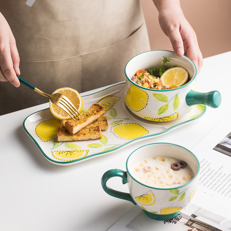 手绘清新柠檬早餐组合一人食陶瓷餐具套装儿童麦片手柄碗餐盘奶杯