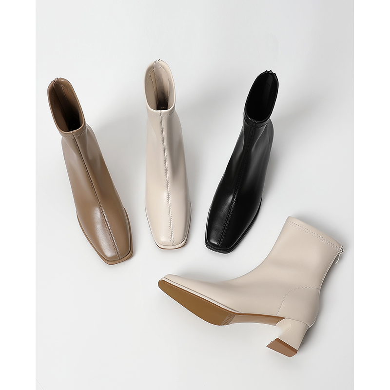 伊霏中跟舒适不累脚短靴女2024秋冬新款弹力中筒瘦瘦靴T型跟靴子