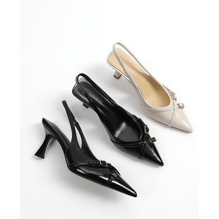 【跟高7CM】法式尖头高跟鞋女气质羊皮细带一字扣新款仙女风凉鞋