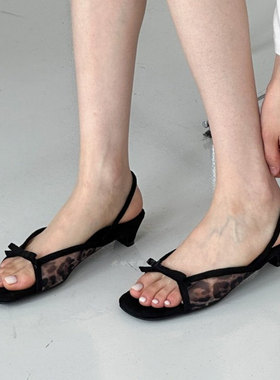 韩国东大门夏季新款网纱拼接蝴蝶结法式细带露趾凉鞋女