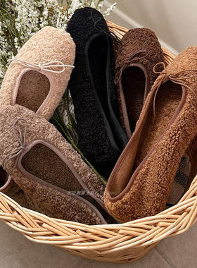 衣玲家韩国女鞋人造羊羔绒毛绒减龄加绒保暖浅口冬季娃娃鞋单鞋女